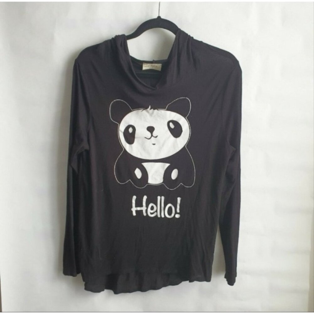 Enough About Me Top Sz L Panda Hoodie Long Sleeve Shirt‎ Juniors Girls Black